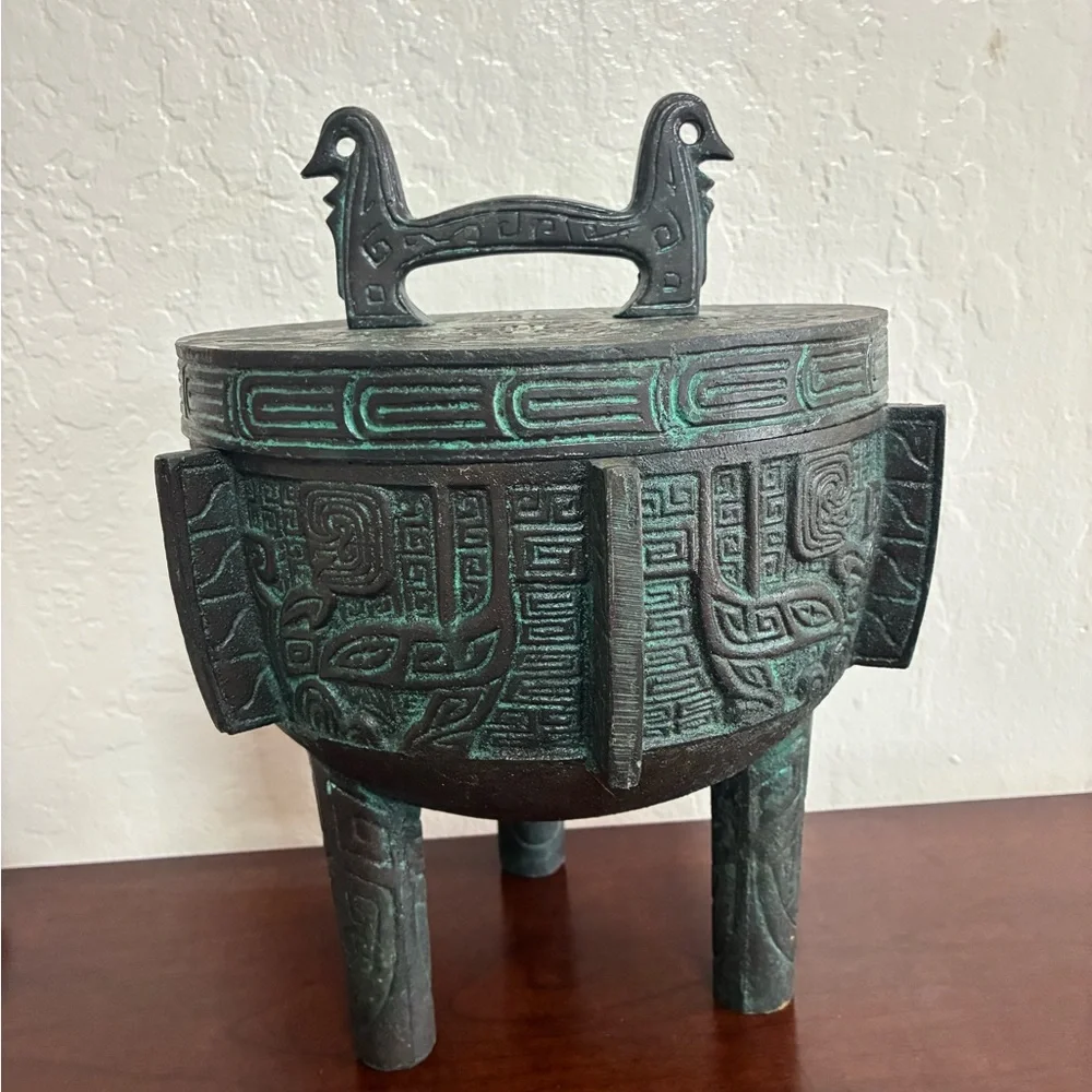 Vintage 1960s James Mont MCM Verdigris Mayan Aztec Asian Faux Bronze Ice Bucket